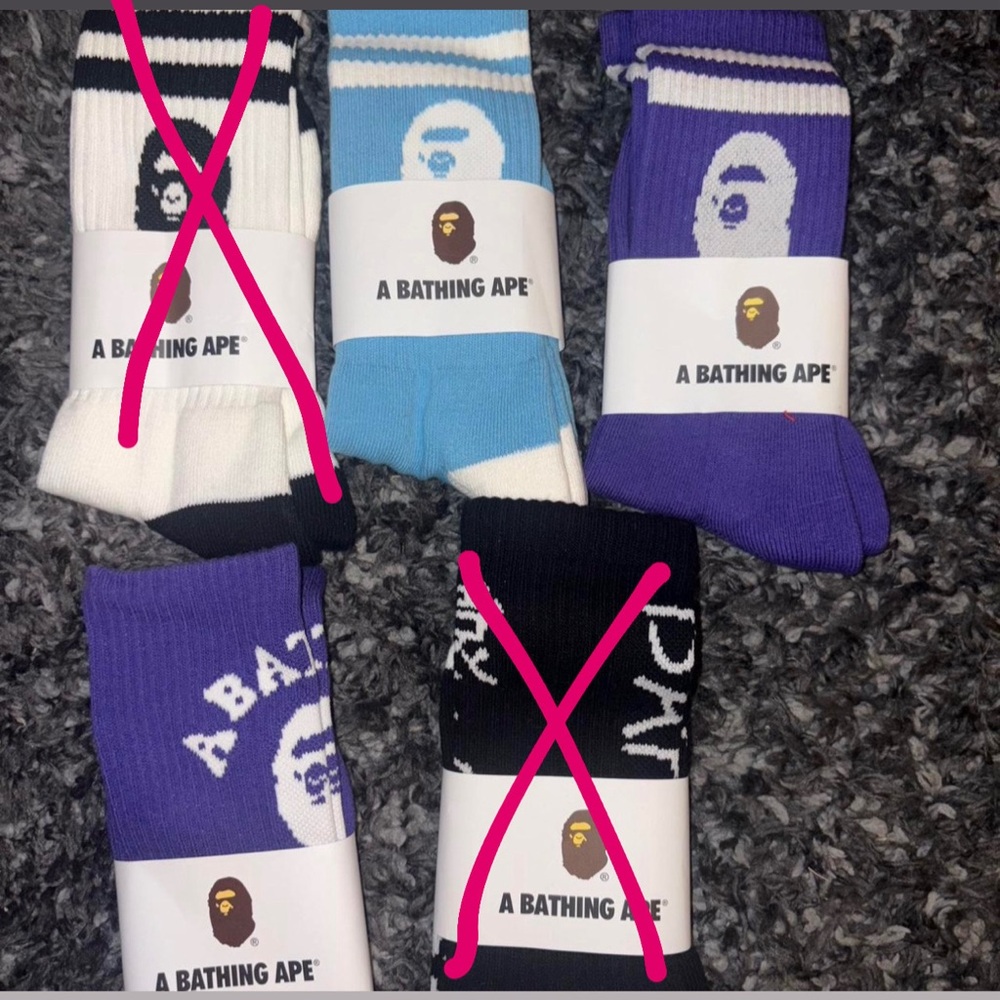 blue, purple, black, white bape socks